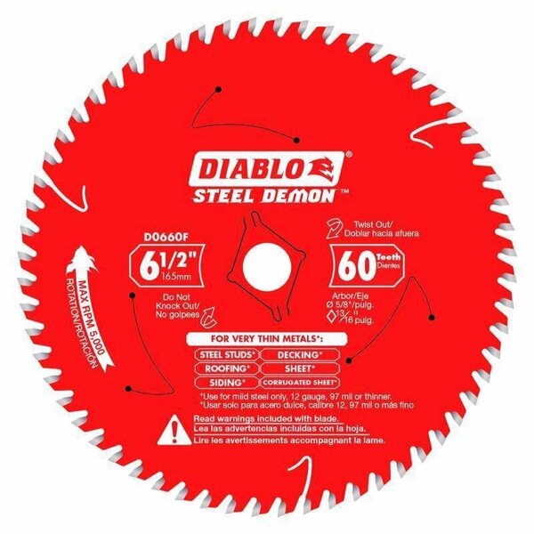 Diablo Steel Demon 6-1/2 in. D X 5/8 in. TiCo Hi-Density Carbide Circular Saw Blade 60 teeth D0660FA